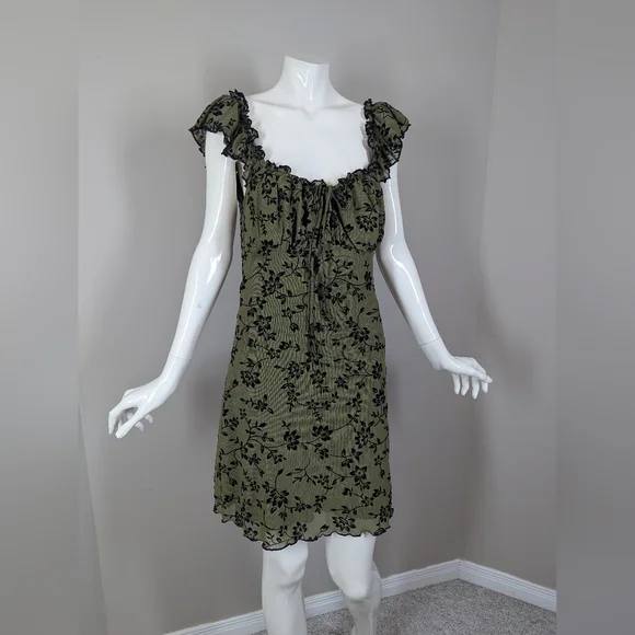 Green Floral Milkmaid Mini Dress Ruffle Tie Front Cottagecore Grunge M Shein - Picture 1 of 7